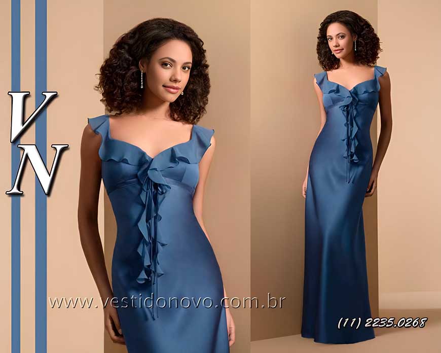 vestido de madrinha com alça manguinha em cetim azul 