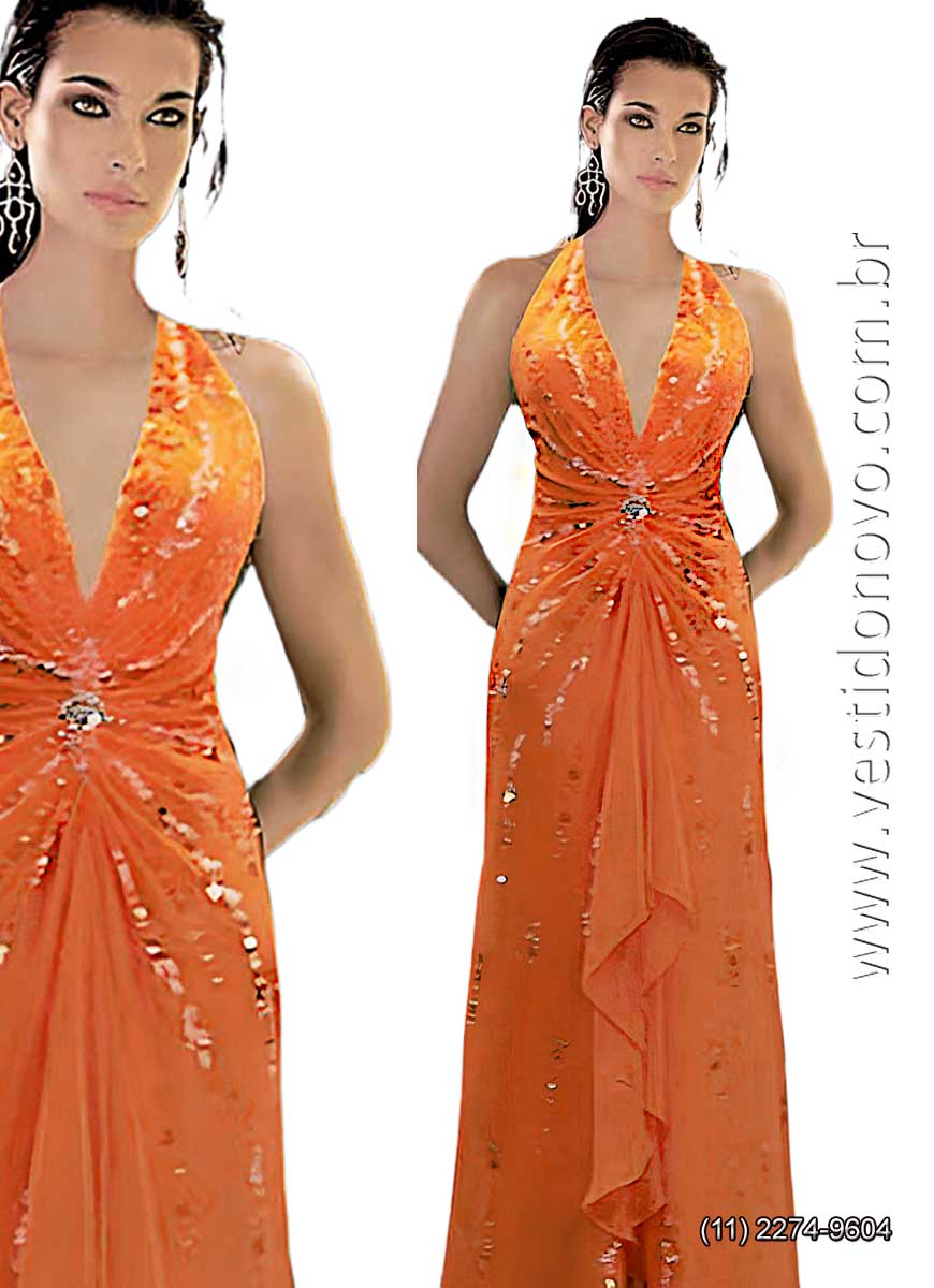  vestido de festa longo laranja, brilho e pedraria