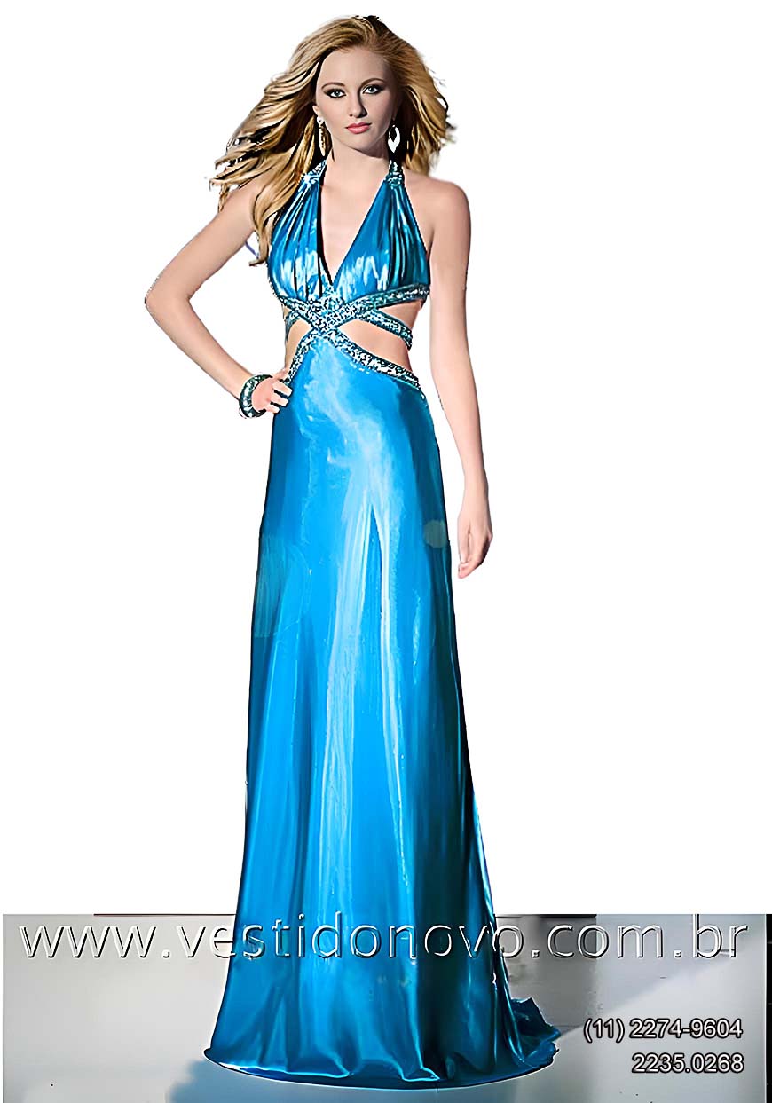vestido decotado formatura  azul tiffany pedraria e brilho 