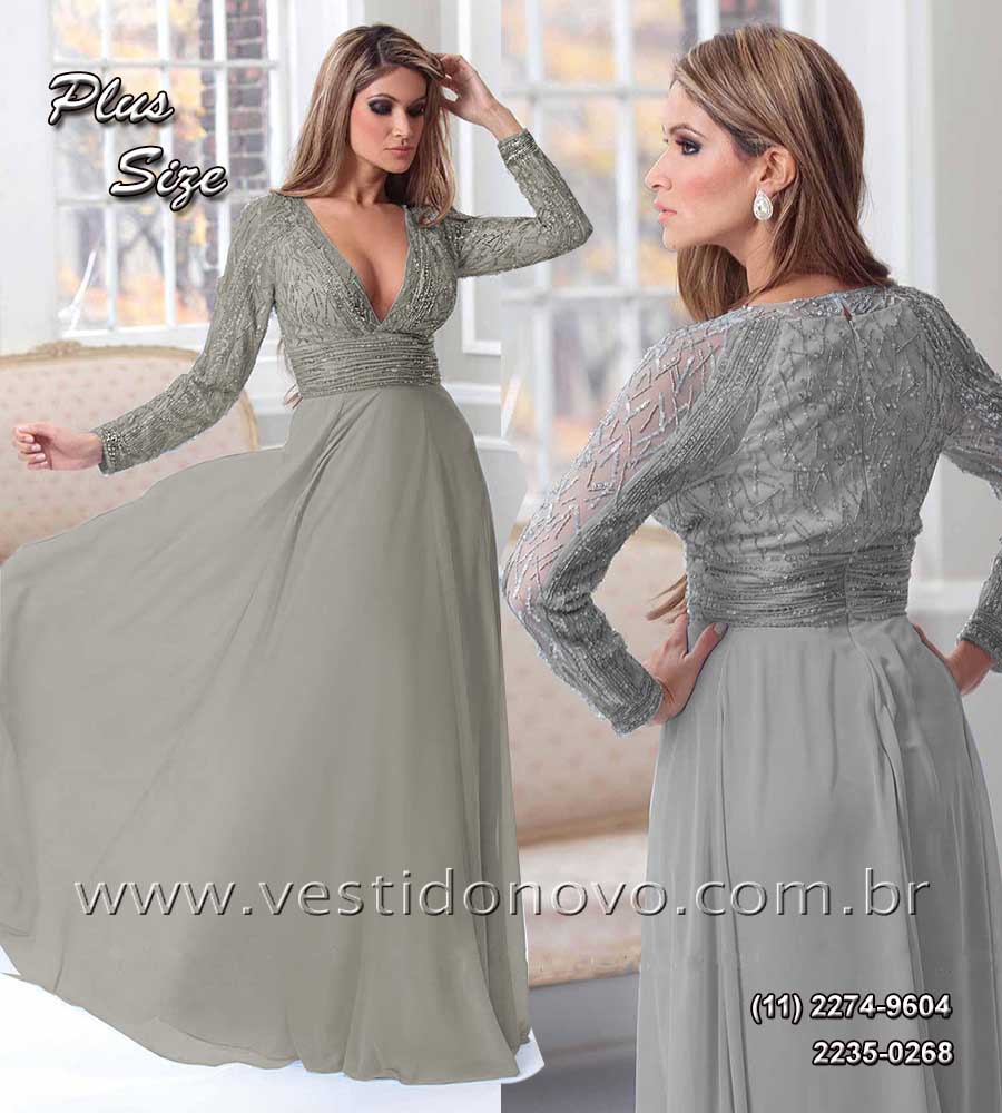 vestido de formatura plus size tamanho grande cor cinza claro / prata